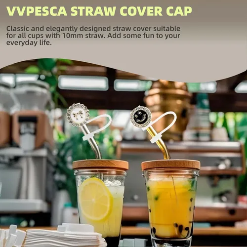 Vista 2 de 6 fundas brillantes de popote para vasos Stanley Cup de 30 y 40 onzas, 0.4 pulgadas, color dorado, negro y blanco, tapas de silicona para vasos