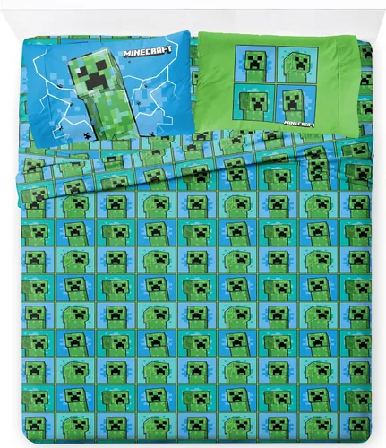 Vista 21 de Jay Franco - Juego de sábanas de microfibra, tamaño matrimonial, supersuave de Minecraft con diseño neón cibernético con Creeper, de 4 piezas