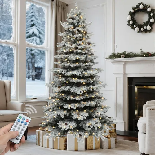 Vista 11 de GOOBED 6.5 ft Prelit Snow Flocked Christmas Tree, Layered Spruce w/Remote Christmas Tree w/ 760 Thickened Branch Tips, 350 Lights for Home, Office