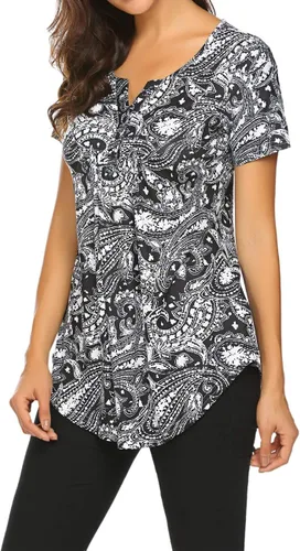 Vista 2 de Blusón plisado de manga corta con estampado floral y cuello Henley en V para mujer, con vuelo.