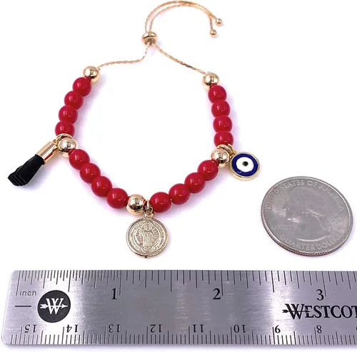 Vista 5 de Pulsera de cuentas de cristal rojo de San Benito con azabache auténtico y azul con protección contra el mal de ojo, M, Vidrio