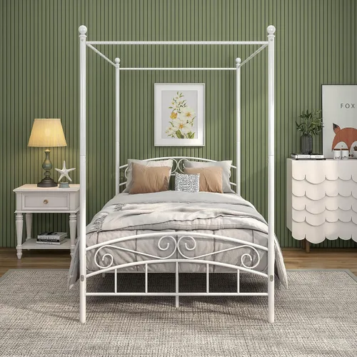 Vista 3 de Marco de cama con dosel de metal, con cuatro pósteres, matrimonial, color blanco