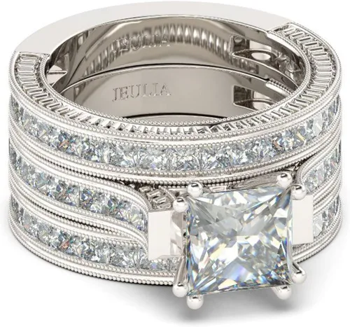 Vista 7 de Jeulia - Juego de 3 piezas de anillos de corte princesa juego nupcial de plata de ley con halo de diamantes, anillo de compromiso, anillo de boda