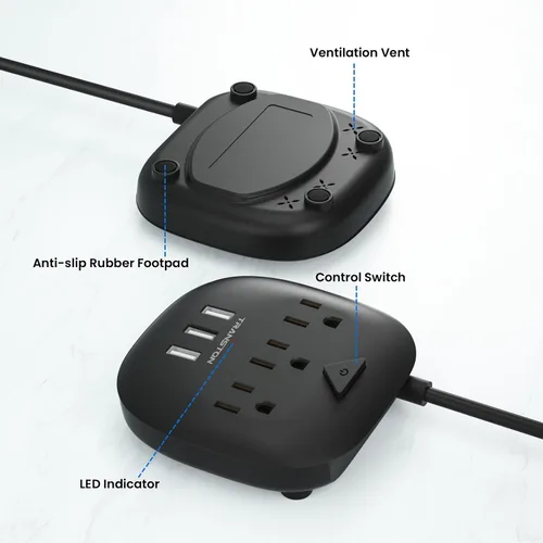 Vista 10 de Regleta de alimentación de 3 tomas y 3 puertos USB con control de interruptor, estación de carga de escritorio con cable de extensión de 5 pies