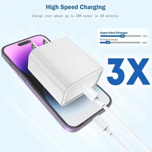 Vista 2 de DelTucci Cargador para iPhone de Carga Rápida, Bloque de Carga USB C de Pared con Enchufe de Viaje y Cable Rápido USB C a Lightning Compatible