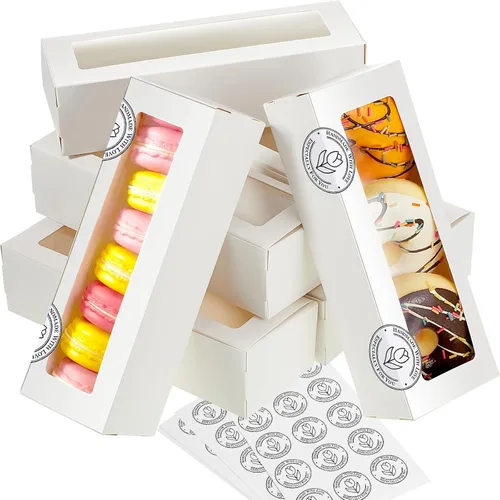 Vista 8 de Sherr 100 Cajas Marrones para Macarons con Ventana, Cajas para Galletas con 200 Pegatinas, Contenedores Largos de Regalos para Panadería y Postres