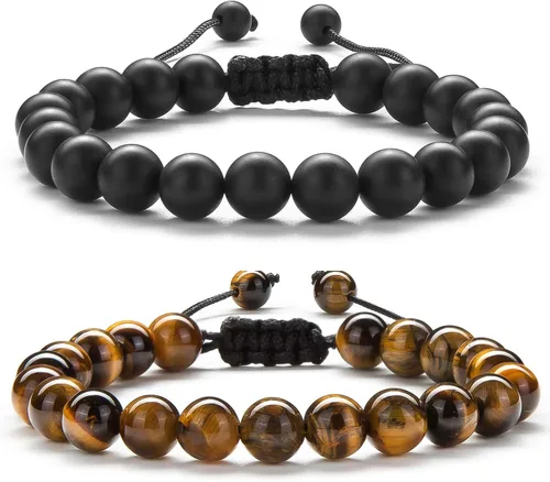 Vista 18 de Pulsera elástica Hamoery con cuentas naturales de ojo de tigre de 8 mm, para mujer y hombre Juego de 2 piezas 1-21018