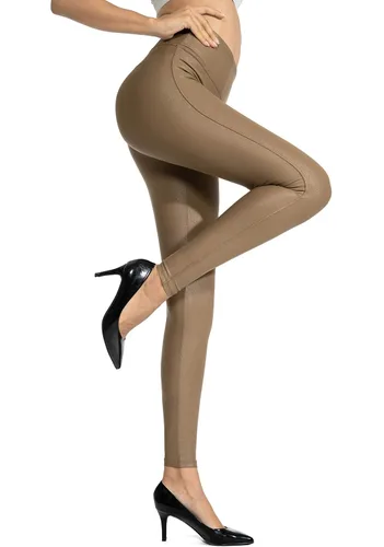 Vista 2 de SANTINY - Pantalones de cuero sintético de 25.5"/27" para mujer, leggings elásticos de cintura alta para mujer Beech Wood