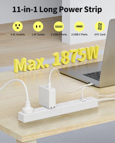Vista 2 de Regleta protectora de sobretensiones de 6 pies, 7 tomacorrientes, 4 puertos USB (2 USB C), cable de extensión plano ultrafino y enchufe plano, 1700
