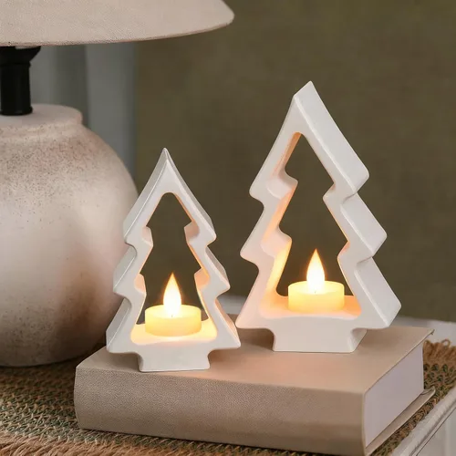 Vista 7 de AceOrbit 2 portavelas de árbol de Navidad, portavelas de madera blanca, candelabros rústicos de madera para decoración de mesa de Navidad, centro