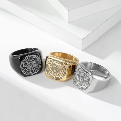 Vista 2 de Sellos de los siete arcángeles anillos de Cabalá de Salomón anillo hexagonal de acero inoxidable triángulo de estrella de David anillo de amuleto