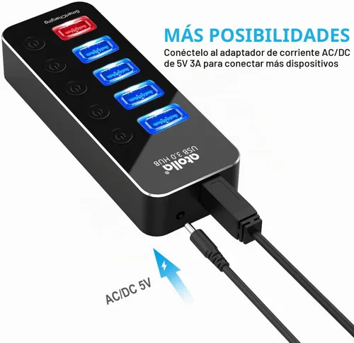 Vista 6 de Concentrador USB con alimentación, atolla Concentrador USB de aluminio de 5 puertos USB 3.0 con 4 puertos de datos USB 3.0 y 1 puerto de carga