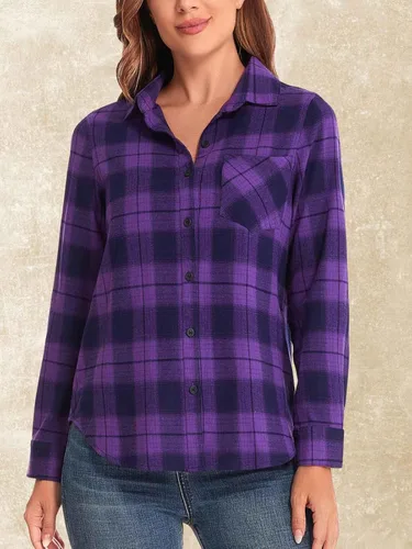 Vista 3 de Camisa de franela de algodón a cuadros para mujer, blusa casual de manga larga con botones