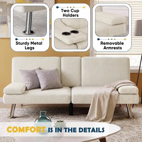 Vista 4 de Furmax Sofá cama futón, futón ajustable para sala de estar (pana, beige)
