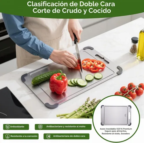 Vista 7 de Tabla de cortar de acero inoxidable, tabla de cortar de acero apto para alimentos de doble cara para cocina con 2 raspadores de limpieza, tabla