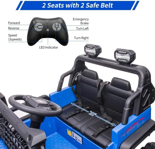 Vista 7 de Coche eléctrico de 2 plazas para niños de 24V con control remoto, 2 motores de 120W alimentados por batería, asientos extra grandes de 20" + ruedas