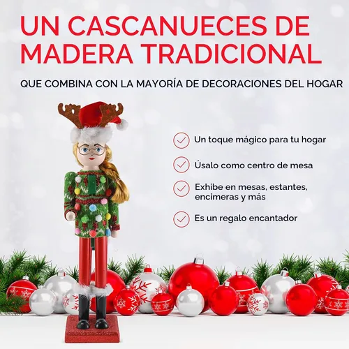 Vista 6 de Ornativity Cascanueces Suéter Feo de Navidad – Cascanueces de Madera Roja y Verde de Mujer con Suéter Feo y Sombrero de Reno Decoraciones de Figura