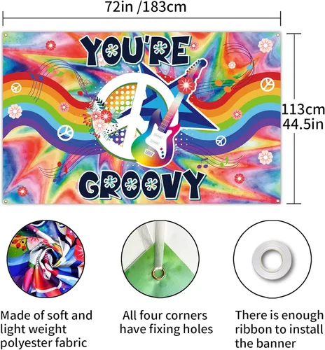 Vista 2 de You're Groovy - Telones de fondo para fotografía de fiesta de los años 60, decoración de pared, fondos para fotos, arco iris, tema hippie