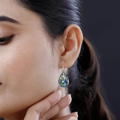 Vista 3 de Shop LC 925 Sterling Silver Abalone Shell Dangle Earrings for Women S11 - Abulón de 1 cara