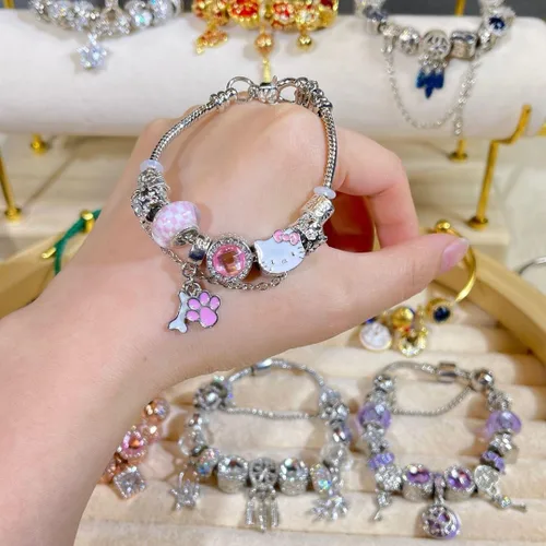 Vista 5 de Pulsera con dijes Kawaii, pulsera ajustable de gatito, pulsera de Hello Kitty para mujeres y niñas