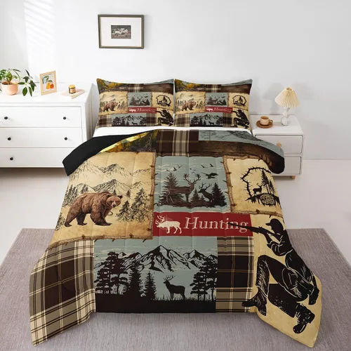 Vista 42 de Juego de edredón de cabaña rústica navideña, juego de ropa de cama estilo rústico con diseño de osos y ciervos, tamaño completo, patchwork Multi 08