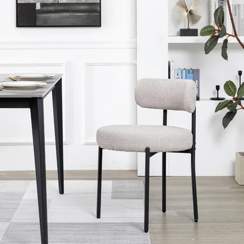 Vista 12 de DYHOME - Juego de 2 sillas de comedor de bouclé negro, sillas de cocina modernas de mediados de siglo con respaldo curvo y patas de metal, sillas