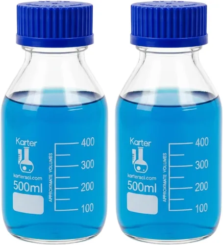 Vista 2 de Karter Scientific Botellas redondas de vidrio de 1.7 fl oz con tapa de rosca GL32, borosilicato, (paquete de 2)