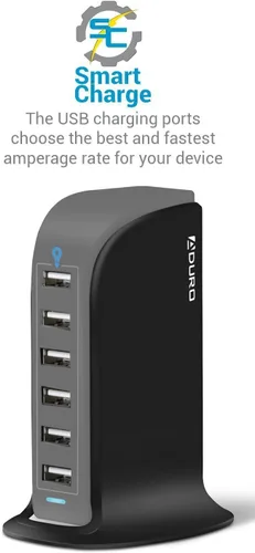 Vista 4 de Aduro - Estación de carga de 6 puertos USB 40W de escritorio, para iPhone, iPad, tabletas y smartphones con Smart Flow