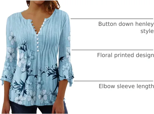 Vista 32 de Ceboyel Blusa tipo túnica con estampado floral para mujer, con botones, estilo Henley, con manga de codo, casual, trajes de moda para mujer