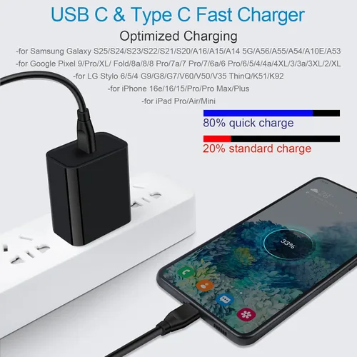 Vista 3 de Cargador tipo C de carga rápida, paquete de 20 W, bloque de cargador súper rápido para teléfono Android con cable USB C a C de 6 pies para Samsung