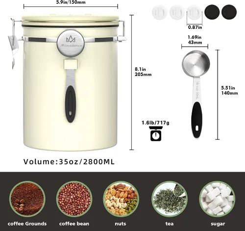 Vista 2 de Recipiente para café de 35OZ en color beige, de acero inoxidable 304, recipiente hermético de cocina para almacenamiento de café en grano o molido