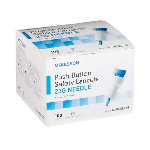 Vista 5 de McKesson 16-PBSL23G - Aguja de seguridad para lanceta de profundidad fija, 0.071 in de profundidad, calibre 23, pulsador (paquete de 100)