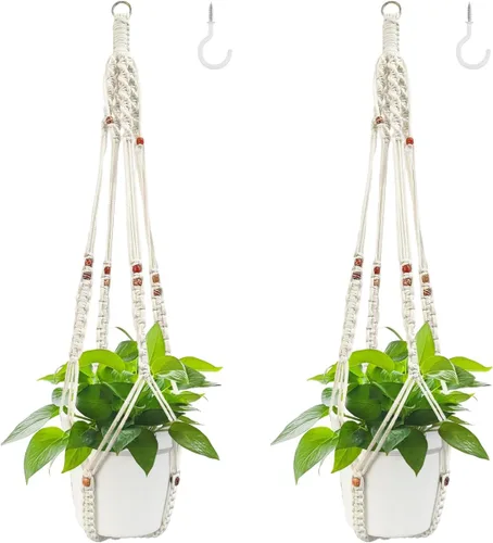 Vista 11 de Belit Paquete de 2 perchas dobles de macramé para plantas, cesta colgante de 2 niveles, cesta decorativa para macetas, cuerda para decoración