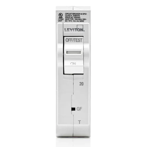 Vista 2 de Leviton LB120-GFT 20A - Disyuntor de rama GFCI de 1 polo, magnético térmico, 120 VCA, color blanco