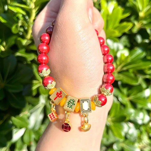 Vista 7 de Pulsera de cinabrio natural con cobre chapado en oro Mahjong Design Charm Lucky Bead Tamaño 0.315 in