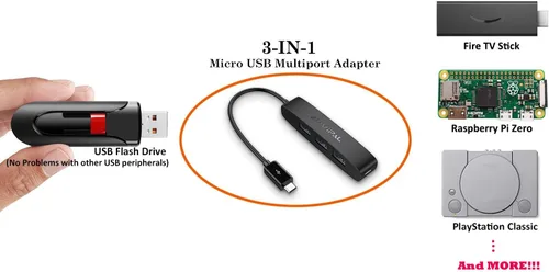 Vista 2 de Adaptador de Hub OTG Micro USB de 3 Puertos (3 Puertos USB + Puerto de Alimentación) para Fire Stick 4K, PlayStation Classic, Raspberry Pi Zero
