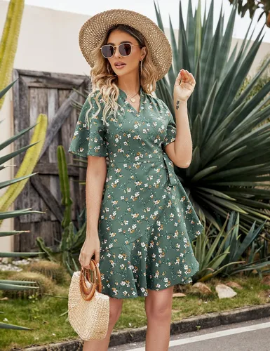 Vista 4 de Vestido casual de manga corta con cuello en V para mujer, con lazo en la cintura, vestido corto floral para boda