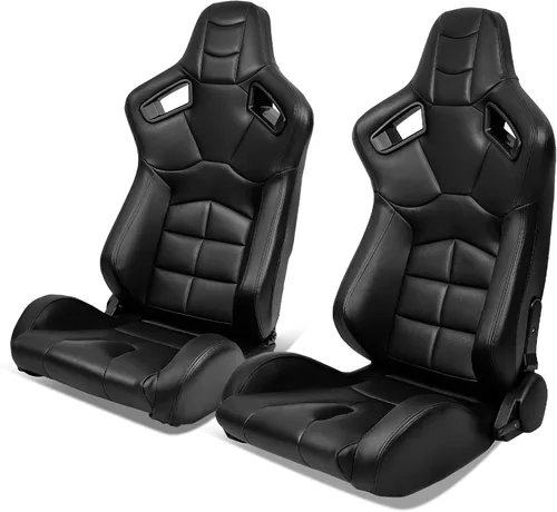 Vista 16 de IKON MOTORSPORTS, Asientos universales para vehículos de carreras con deslizadores dobles, asientos deportivos reclinables de cuero PU beige + cuero