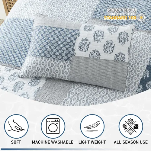 Vista 8 de KALOOLA - Juego de ropa de cama con colcha acolchada de retazos tamaño queen, 100% algodón, colcha ligera con 2 fundas de almohada, colcha
