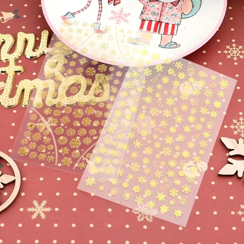 Vista 6 de 8 hojas de calcomanías de arte de uñas de copo de nieve, color blanco y dorado, calcomanías de uñas de Navidad autoadhesivas 3D, calcomanías de uñas
