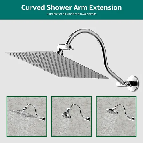 Vista 4 de Brazo de extensión de cabezal de ducha curvado ajustable de latón macizo de 16 pulgadas, extensor de brazo de ducha flexible de altura y ángulo