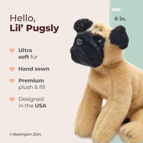 Vista 2 de Bearington Lil' Pugsly - Peluche de pug pequeño, lavable de 6 pulgadas, juguete suave con cara y piel expresiva, regalo adorable para niños