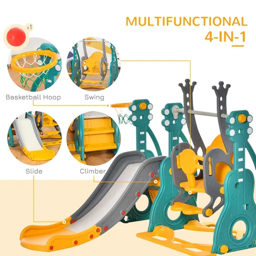 Vista 3 de Qaba Juego de columpio y tobogán 4 en 1 para niños de 1.5 a 3 años con escalador, ultra seguridad, aro de baloncesto, juego de parque infantil