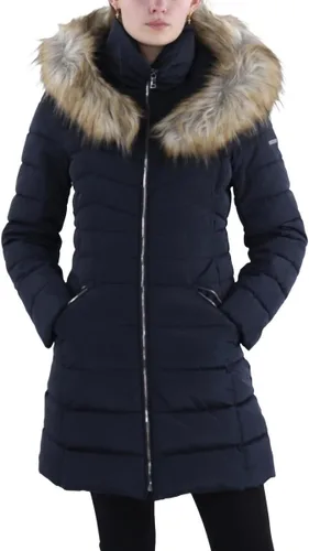 Vista 30 de Laundry by Shelli Segal Chaqueta acolchada elástica para mujer, abrigo largo de invierno con capucha de piel sintética