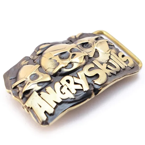 Vista 3 de Belt buckle Angry Skulls, Solid brass handmade belt buckle with birds skulls