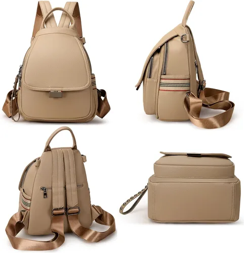 Vista 6 de VONCOSS Mini mochila de moda para mujer, mochila pequeña, multibolsillos, convertible, bolsa de hombro, Caqui, Mochilas Daypack