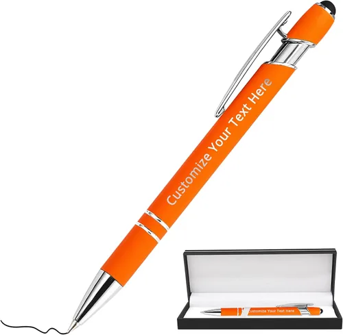 Vista 29 de Aolun Bolígrafo personalizado, bolígrafo grabado personalizado con lápiz capacitivo, 12 unidades, metal suave al tacto, introduce el nombre, Naranja