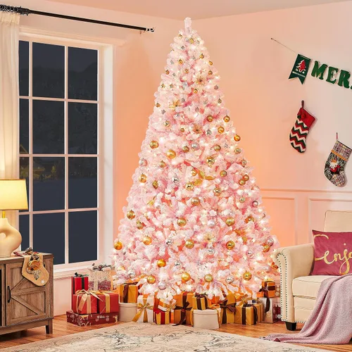 Vista 5 de Yaheetech Árbol de Navidad artificial preiluminado de 9 pies con luces incandescentes blancas cálidas, árbol de Navidad completo con nieve Rosa