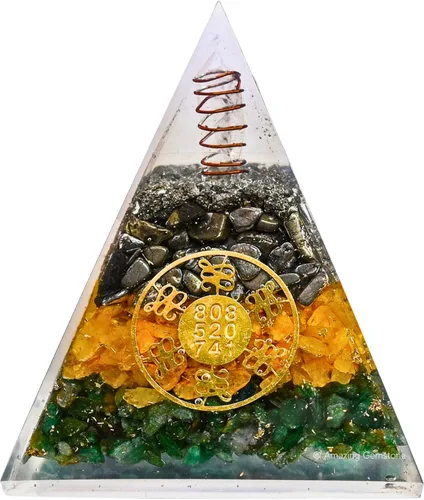 Vista 17 de Orgonita Amazing Gemstone Orgón Pirámide Extra Grande 105 MM - Pirámide de Energía de Orgón con Cristales de Amatista, Árbol de Peridoto y Piedra