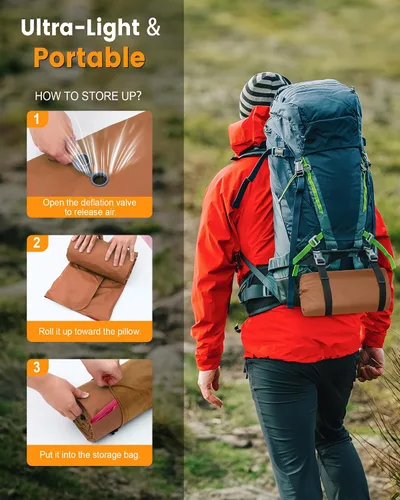 Vista 8 de Colchoneta de dormir para campamento, de 5.9 pulgadas de grosor, con almohada integrada y bomba de pie, almohadilla de dormir autoinflable